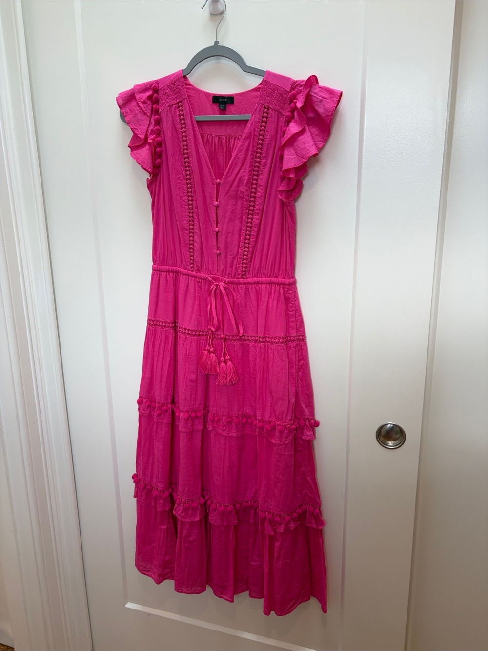 J. Crew Hot Pink Ruffle Tiered Maxi Dress with Tassel Waist